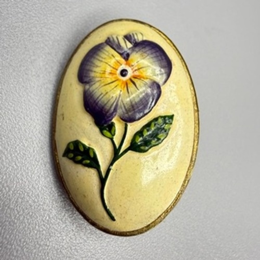 Vintage‎ Hand Painted Pansy Flower Oval Brooch Pin